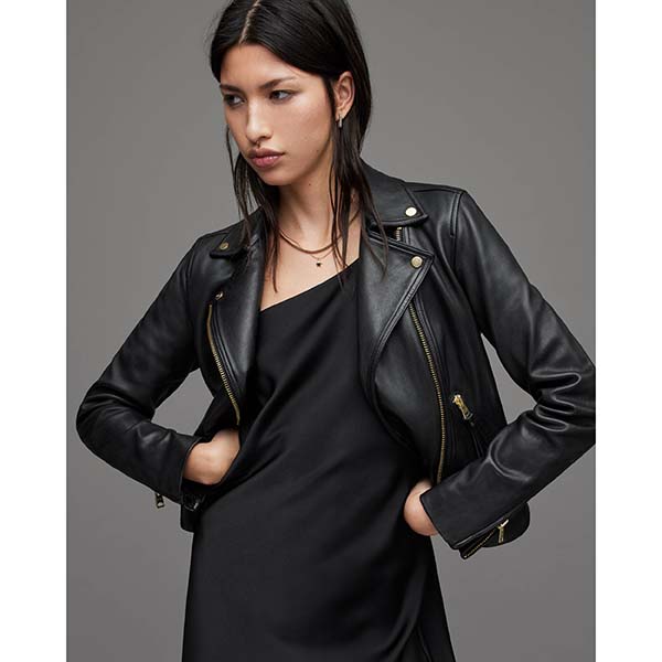 Allsaints Australia Womens Dalby Slim Fit Gold Leather Biker Jacket Black/Gold AU68-068